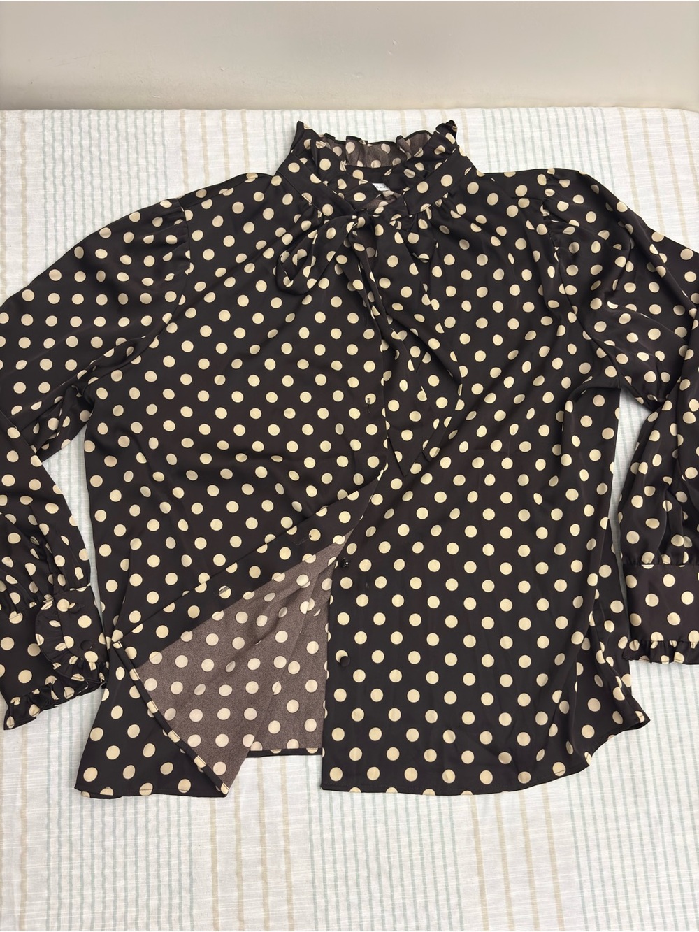 Black Polka Dot Bow-Neck Blouse with Cream Dots